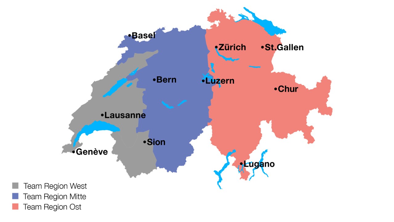 La Suisse est divisée en trois régions de conseil: Ouest, Centre et Est.